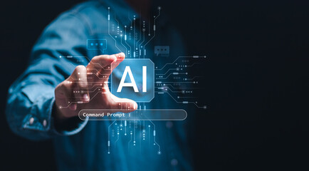 Ai tech, businessman with virtual Ai icon for artificial intelligence use analytics, automation and...