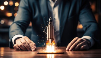Business growth up,planning,strategy,business start up concept.Businessman touch rocket launch  - obrazy, fototapety, plakaty
