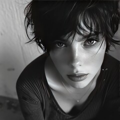 , short haired clear eyes woman, glamour medium format photography, imperfections, weirdness 