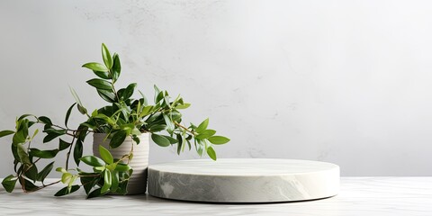 Eco-friendly tableware on marble countertop with plants. Minimalist style. - obrazy, fototapety, plakaty