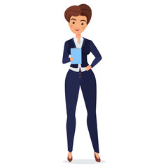 Intelligent business woman with clipboard report. Female office manager cartoon vector illustration