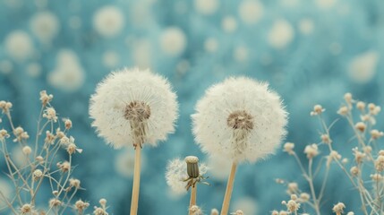 Dandelions and fluff on blue background