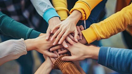 Panoramic Teamwork, empathy, partnership and Social connection in business join hand together concept. Hand of diverse people connecting. Power of volunteer charity work, Stack of people hand
