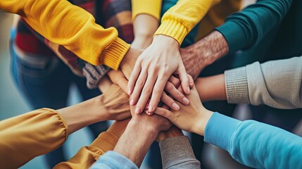 Panoramic Teamwork, empathy, partnership and Social connection in business join hand together concept. Hand of diverse people connecting. Power of volunteer charity work, Stack of people hand