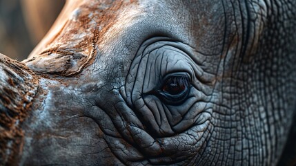 AI generated illustration of a closeup of a rhinoceros' eye and textured skin - obrazy, fototapety, plakaty