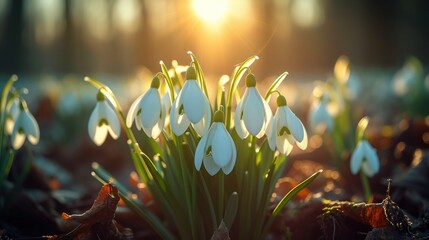 Snowdrop Flowers Blooming Outdoors in Sunlight