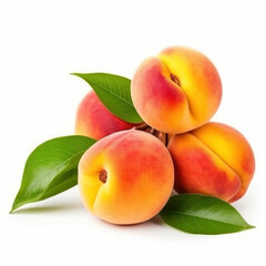 Peaches isolated. Ripe peach and half of peach on white background. Fresh fruits.
