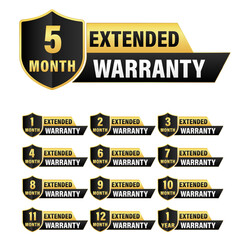 Set of warranty numbers 1 to 12 months  label shield badge gold, black style, Set of warranty logo design isolated on white background, Vector golden warranty and illustration.