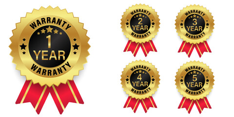 Set of warranty number 1, 2, 3, 4, 5-year label badge gold, black and red ribbon style, Set of warranty logo design isolated on white background, Vector golden warranty and illustration.