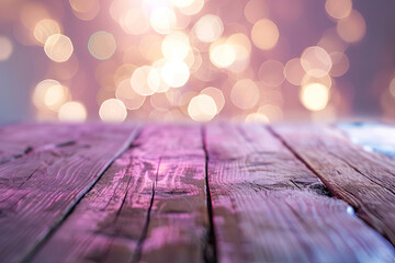 Wood stage special event and soft blur bokeh mauve background empty space for product