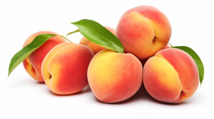 Peaches isolated. Ripe peach and half of peach on white background. Fresh fruits.