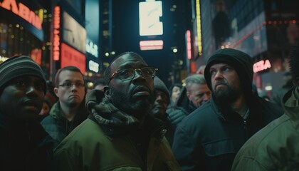 Obraz premium Crowd of people in Times Square looking up at something