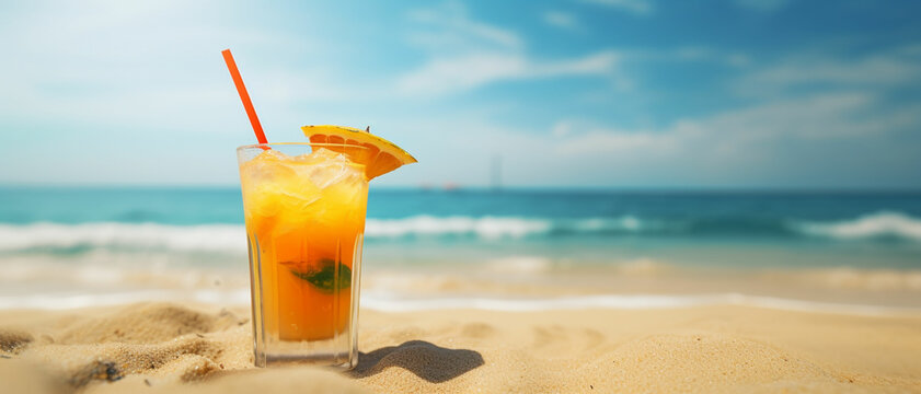 drink on sandy beach-Exotic summer drink in sand, blur beach on background