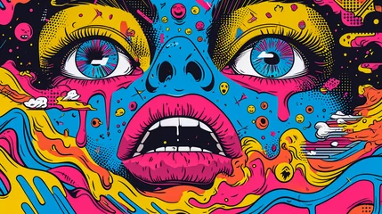 Foto auf Glas Pop art comics face, psychedelic art, Generative AI © Album Art Vibes