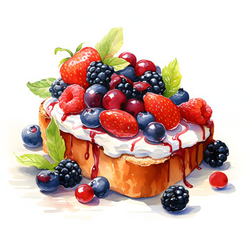 Berry Bruschetta, Mix berry, Food and Sweet dessert, Watercolor illustrations