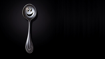 An Illustration of a Smiling Cartoon Silver Spoon on a Solid Black Background With Copy Space