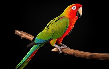 Parrot standing on a branch on a black background
