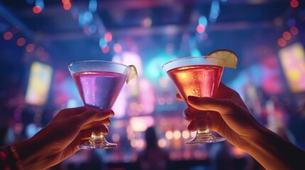 Close-up of two people cheering cocktails in a bar or disco club drinks and cocktails concept