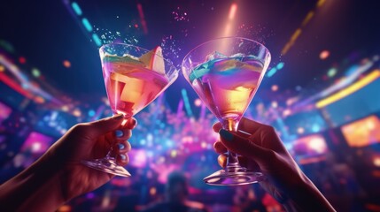 Close-up of two people cheering cocktails in a bar or disco club drinks and cocktails concept