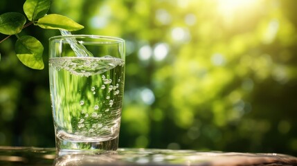 Drink water poured into glass over sunlight and natural green background.