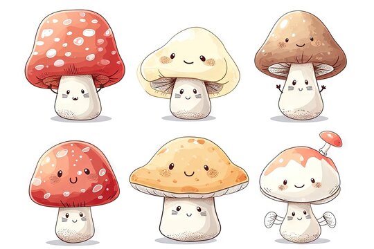 Very childish watercolor vintage cartoon cute and charming kawaii red and white mushroom clipart vector, organic forms with desaturated light and airy pastel color palette. Great as nursery art.