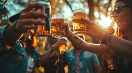 Young people raise their hands with cans of beer and have fun celebrating. - obrazy, fototapety, plakaty