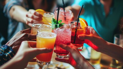 People hold hands and drink colorful fancy drinks. Young friends having fun drinking cocktails at happy hour.