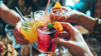 People hold hands and drink colorful fancy drinks. Young friends having fun drinking cocktails at happy hour.