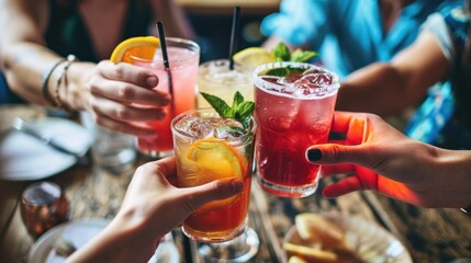 People hold hands and drink colorful fancy drinks. Young friends having fun drinking cocktails at happy hour.
