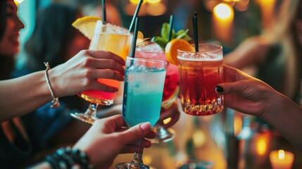 People hold hands and drink colorful fancy drinks. Young friends having fun drinking cocktails at happy hour. - obrazy, fototapety, plakaty
