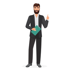 Businessman with pointing finger gesture. Business manager with clipboard cartoon vector illustration