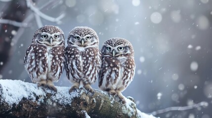 Winters Watch, A Trio of Enigmatic Owls Perched Serenely on a Frosted Branch in the Snowy Wonderland