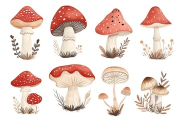 Very childish watercolor vintage cartoon cute and charming kawaii red and white mushroom clipart vector, organic forms with desaturated light and airy pastel color palette. Great as nursery art. - obrazy, fototapety, plakaty