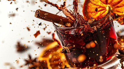 Splashes of wine and fallen cinnamon, dried oranges, star anise and cloves, isolated