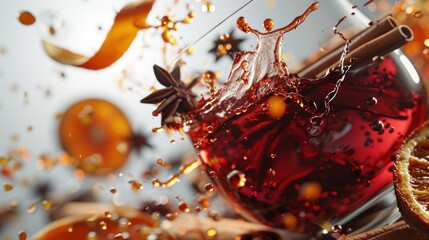 Splashes of wine and fallen cinnamon, dried oranges, star anise and cloves, isolated