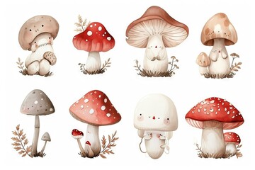 Very childish watercolor vintage cartoon cute and charming kawaii red and white mushroom clipart vector, organic forms with desaturated light and airy pastel color palette. Great as nursery art.