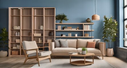  Wooden cabinet, beige corner sofa and book shelf on blue wall. Scandinavian home interior 