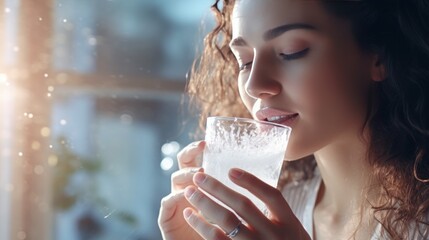 woman drinking hot medicine The powder is soluble in a glass of water. To relieve headaches and colds - obrazy, fototapety, plakaty