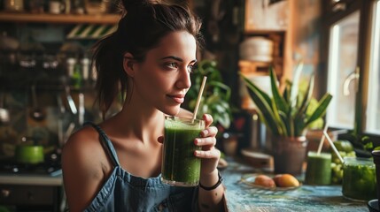 Young woman drinks green juice with a reusable bamboo straw in a loft apartment.