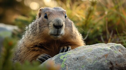 Naklejka na ściany i meble Curious Conductor of Natures Symphony, A Captivating Close-Up of a Groundhog Perched on a Majestic Rock