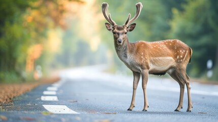 Silent Encounter, Majestic Deer Standing Gracefully on the Edge of a Winding Road, Embracing the Magic of Nature