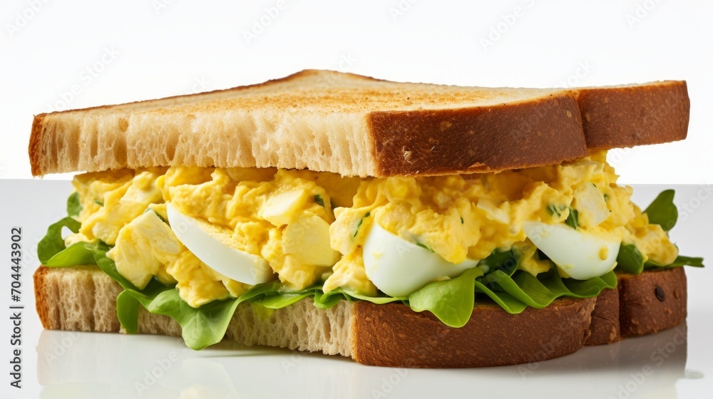 Poster a classic egg salad sandwich captured in a close-up realistic photo against a white background gener