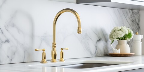 Detailed close-up photo of kitchen sink with gold faucet, marble backdrop, grey cabinets, and gold hardware.