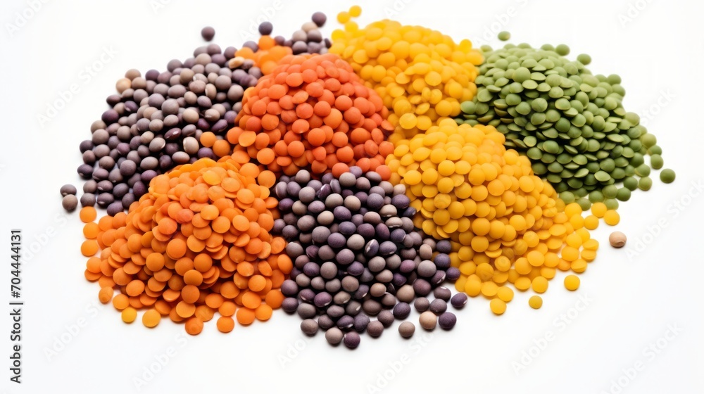 Poster A small heap of lentils captured in a close-up realistic photo against a white background Generative AI
