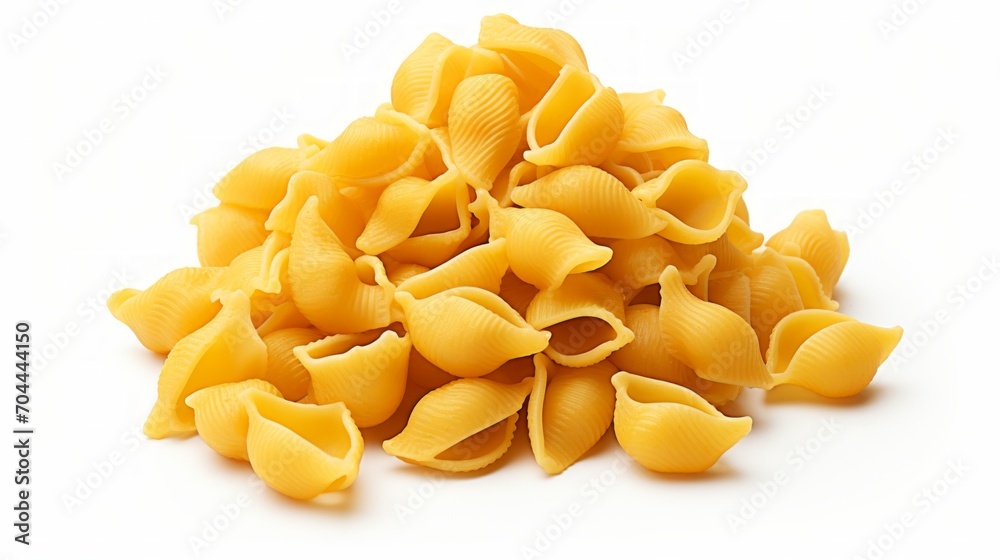 Poster a small heap of campanelle pasta captured in a close-up realistic photo against a white background g