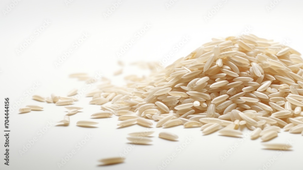 Poster A small heap of rice grains captured in a close-up realistic photo against a white background Generative AI