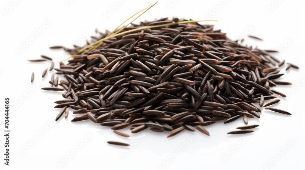 Poster a small heap of wild rice captured in a close-up realistic photo against a white background generati