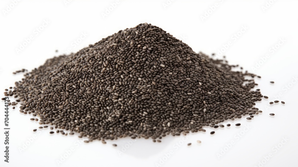Poster a small pile of chia seeds showcased in a close-up realistic photo against a white background genera