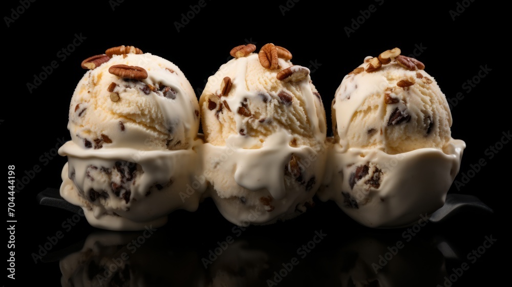 Poster A trio of butter pecan ice cream scoops captured in a close-up realistic photo against a white background Generative AI