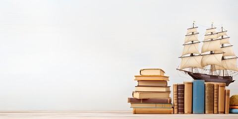 "Back to school" concept with hardcover books on wooden table against a white background. Space for text, representing education business.